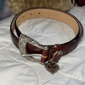 Brighton Brown Croc Embossed Leather Western Heart Charm Belt Size 34 4B207